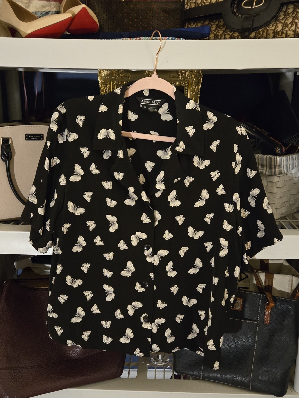 Ann May Black Butterfly Print Silk Button-Up Blouse